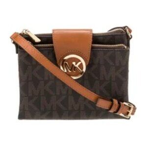 Michael Kors logo printed logo and tan leather small crossbody bag